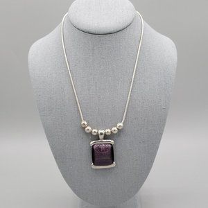 Cats Eye Purple Stone Womens Fashion Necklace Silver Tone Snake Chain 18 in